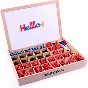 Letras y Números Magnéticos Montessori | Abecedario Móvil Cursiva Ligada. Mayúsculas, Minúsculas y Cifras en Goma EVA | Pizarra Reversible y Caja de Madera | Juego Educativo Aprender a Leer y Escribir