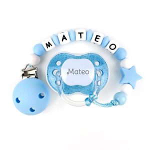 Chupete y chupetero Silicona glitter celeste